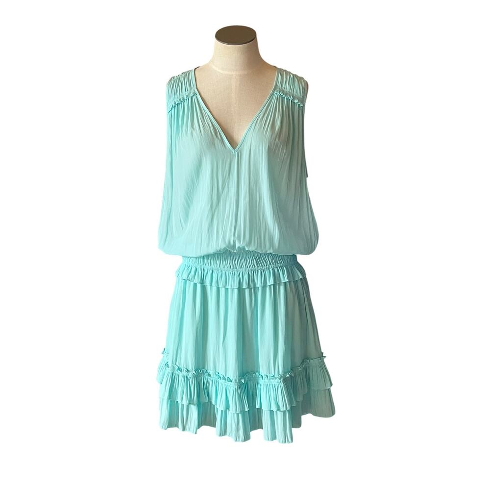 Ramy Brook Aqua Silky Coastal Resort Fairy Sleeveless Ruffle Mo Mini Dress